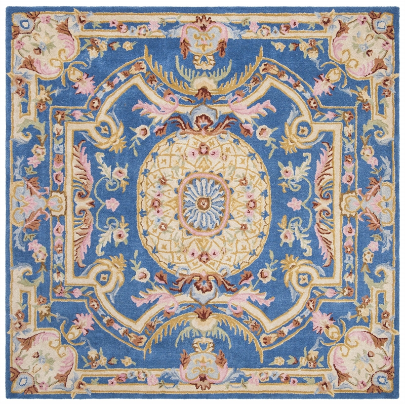 Safavieh Savonnerie 6' Square Hand Tufted Wool Rug in Blue and Ivory