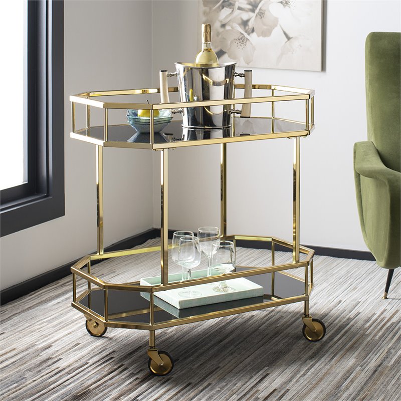 Safavieh Silva 2 Tier Mirrored Bar Cart in Brass