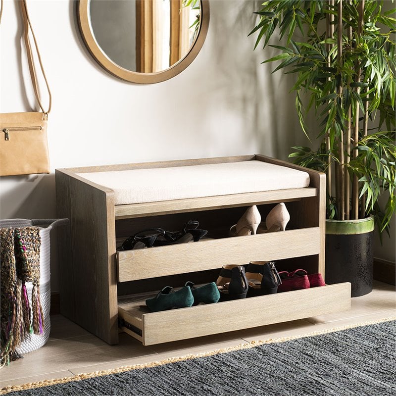 Safavieh Percy Storage Shoe Bench in Rustic Oak and Beige