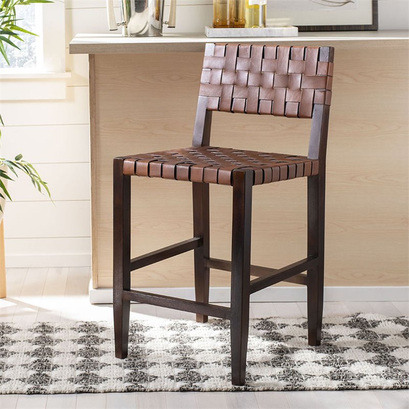 Safavieh Paxton Leather Counter Stool in Cognac and Walnut