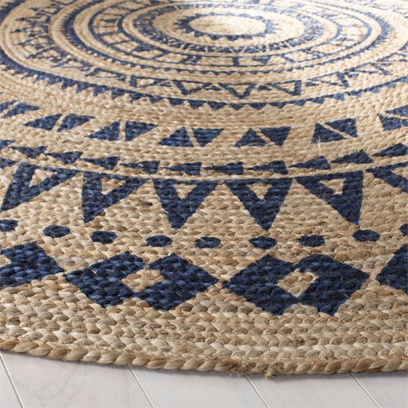 Safavieh Natural Fiber 3' Round Hand Woven Jute Rug in Royal Blue