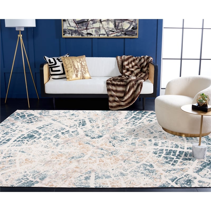Safavieh Vogue 9' X 12' Polyester Power Loomed Rug In Ivory And Teal