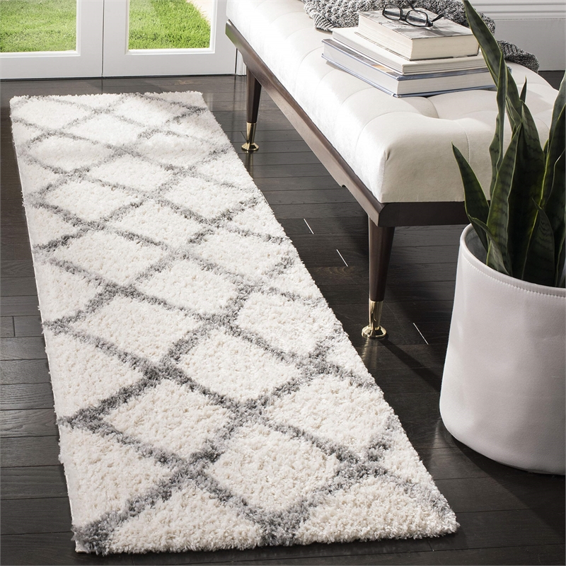 Safavieh Berber 2' x 8' Shag Runner Rug in Ivory and Gray