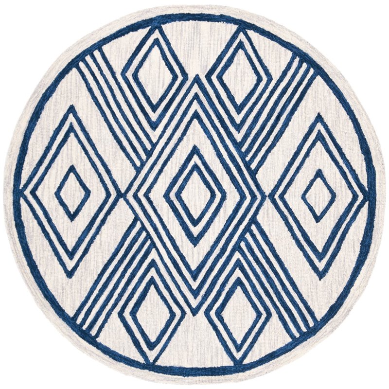 Safavieh Micro-Loop 5' Round Hand Tufted Wool Rug in Ivory and Navy