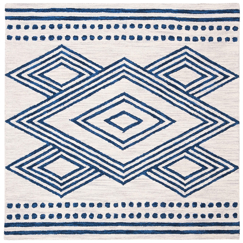Safavieh Micro-Loop 5' Square Hand Tufted Wool Rug in Ivory and Navy