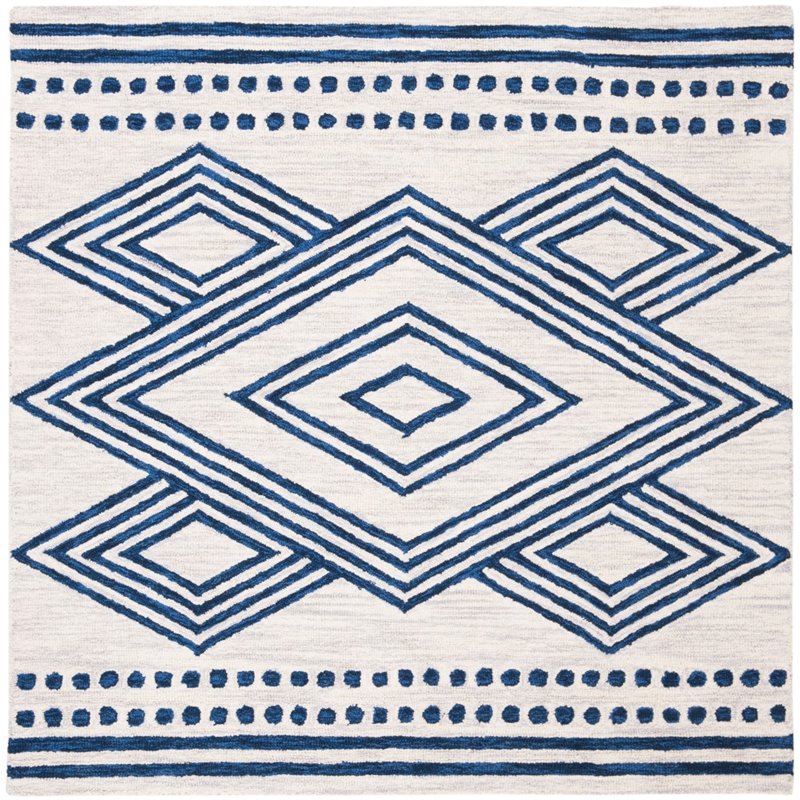 Safavieh Micro-Loop 5' Square Hand Tufted Wool Rug in Ivory and Navy