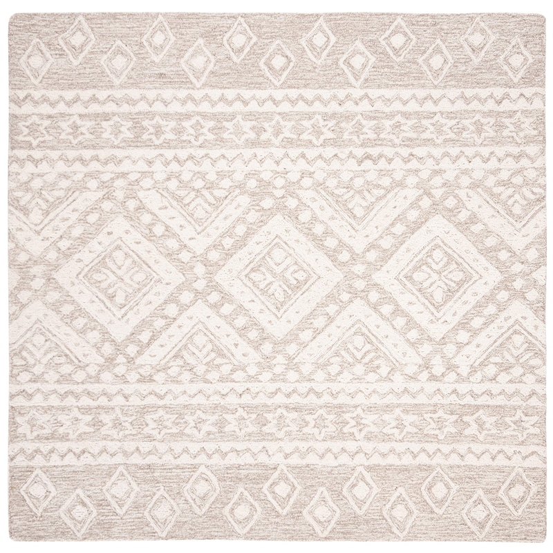 Safavieh Micro-Loop 5' Square Hand Tufted Wool Rug in Beige and Ivory