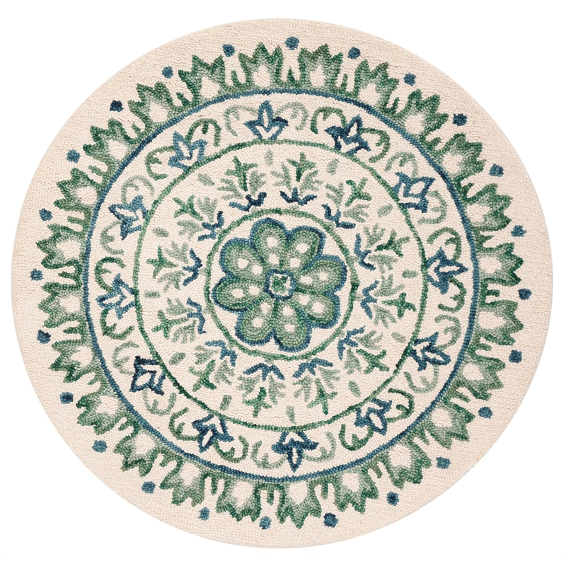 Safavieh Novelty 4' Round Hand Tufted Wool Rug in Ivory and Teal