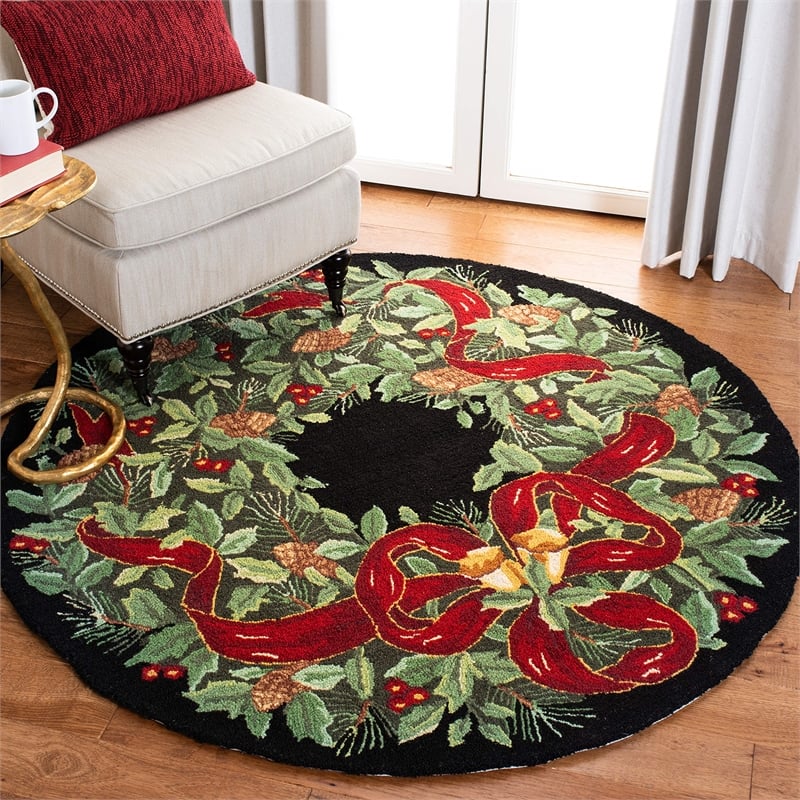 Safavieh Vintage Posters 4' Round Hand Hooked Wool Rug in Green