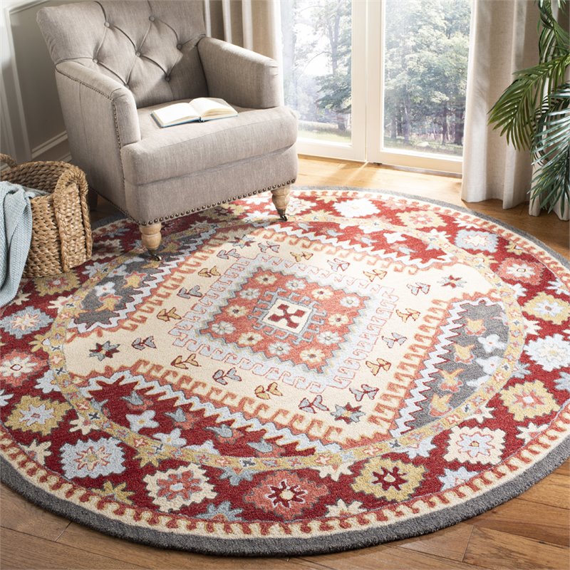 Safavieh Aspen 7' Round Hand Tufted Wool Rug in Red and Ivory
