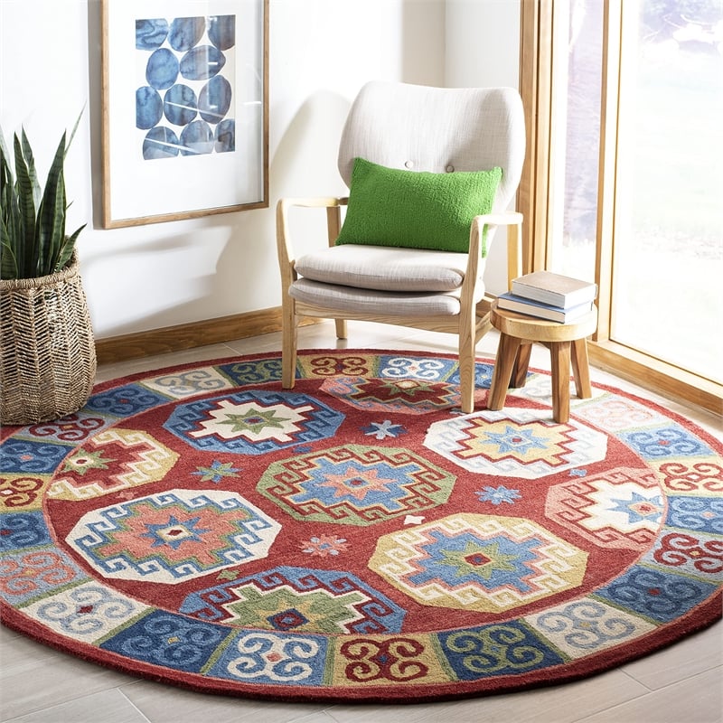 Safavieh Aspen 7' Round Hand Tufted Wool Rug in Red and Blue