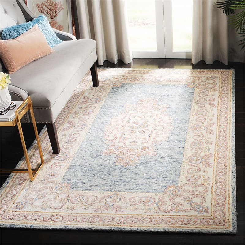 Safavieh Aubusson 4' x 6' Hand Tufted Wool Rug in Blue and Pink