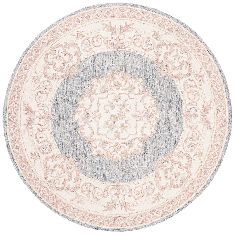 Safavieh Aubusson 6' Round Hand Tufted Wool Rug in Blue and Pink