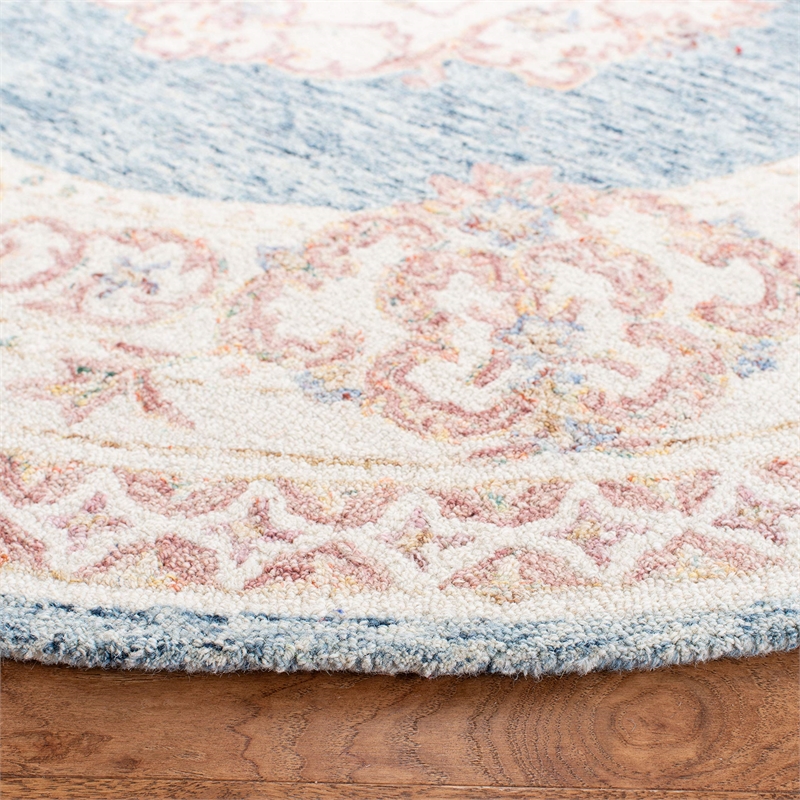 Safavieh Aubusson 6' Round Hand Tufted Wool Rug in Blue and Pink