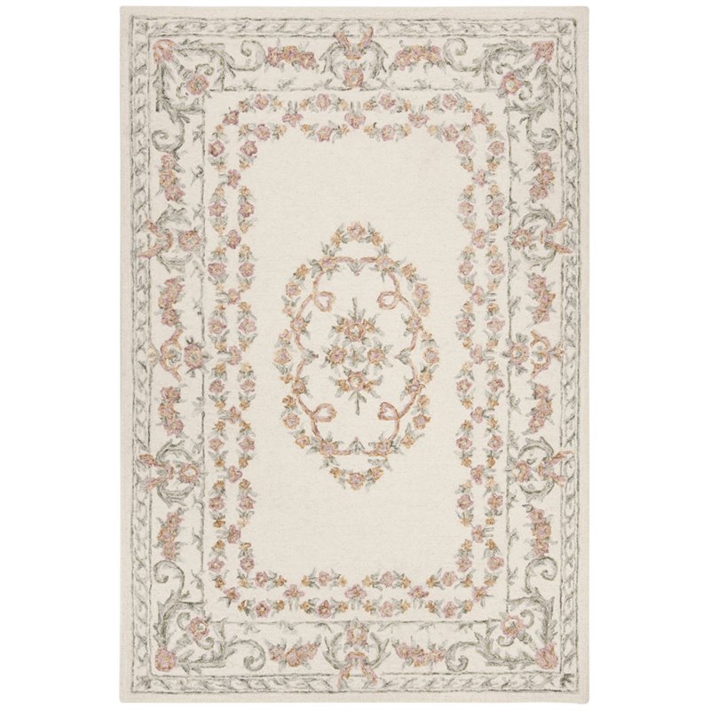 Safavieh Aubusson 5' x 8' Hand Tufted Wool Rug in Ivory and Pink