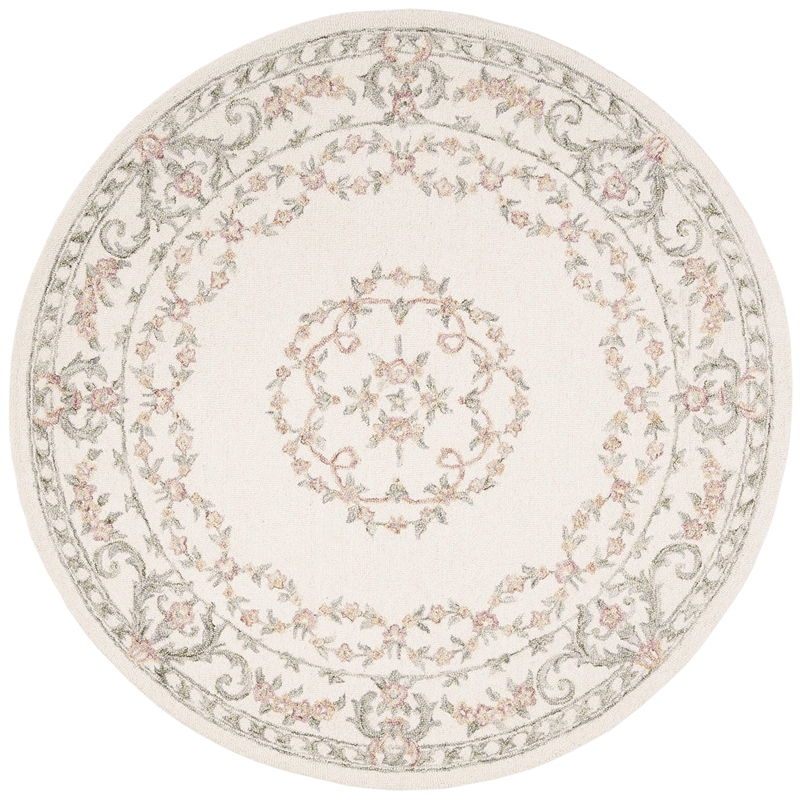 Safavieh Aubusson 6' Round Hand Tufted Wool Rug in Ivory and Pink