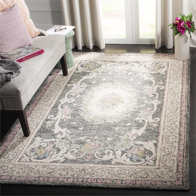 Safavieh Aubusson 6' Square Hand Tufted Wool Rug in Ivory and Charcoal
