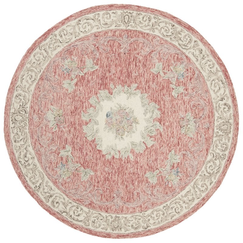 Safavieh Aubusson 6' Round Hand Tufted Wool Rug in Red and Ivory