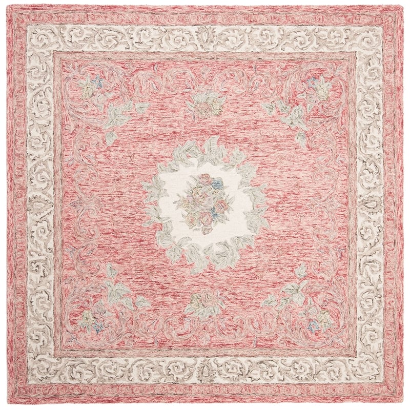 Safavieh Aubusson 6' Square Hand Tufted Wool Rug in Red and Ivory