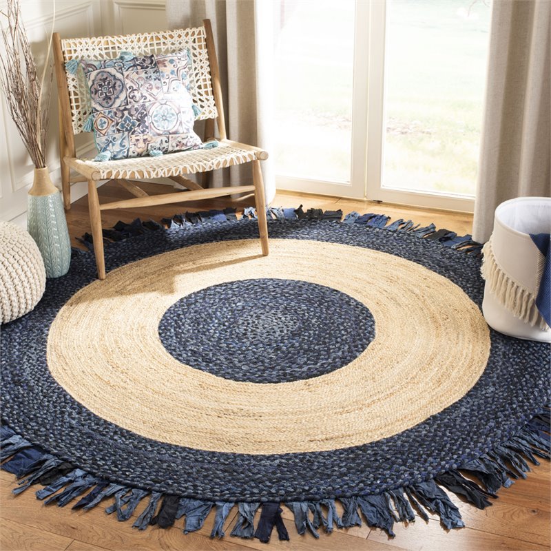 Safavieh Cape Cod 4' Round Hand Woven Jute Rug in Navy and Natural | eBay