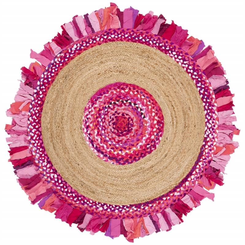 Safavieh Cape Cod 3' Round Hand Woven Jute Rug in Pink and Natural