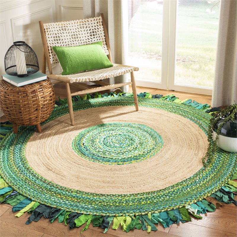Safavieh Cape Cod 4' Round Hand Woven Jute Rug in Green and Natural
