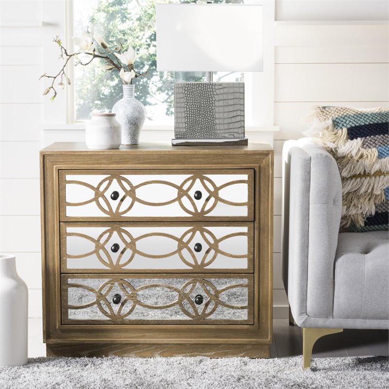 Safavieh Catalina 3 Drawer Wood and Mirror Chest in Oak