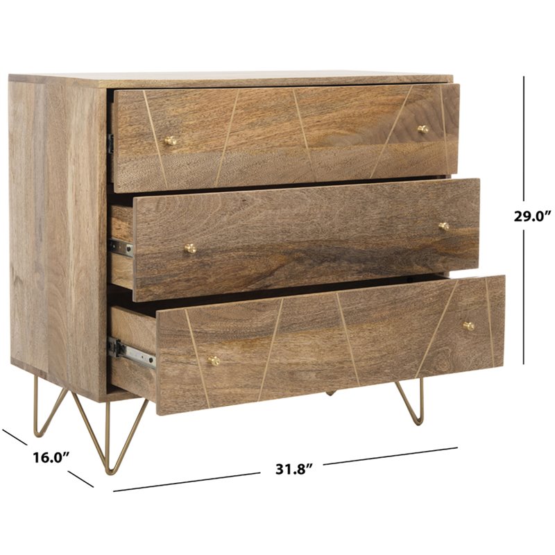 Safavieh Marigold 3 Drawer Accent Chest in Natural and Brass