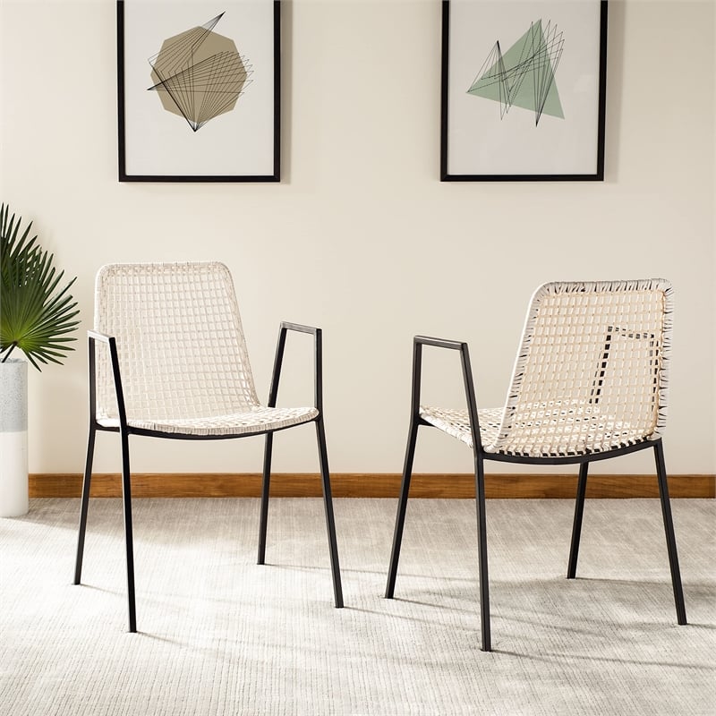 Safavieh Wynona Leather Dining Arm Chair in White and Black (Set of 2)