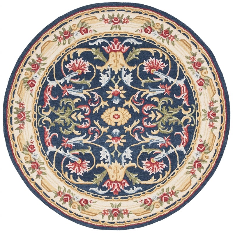 Safavieh Heritage 6' Round Hand Tufted Wool Rug in Navy and Ivory