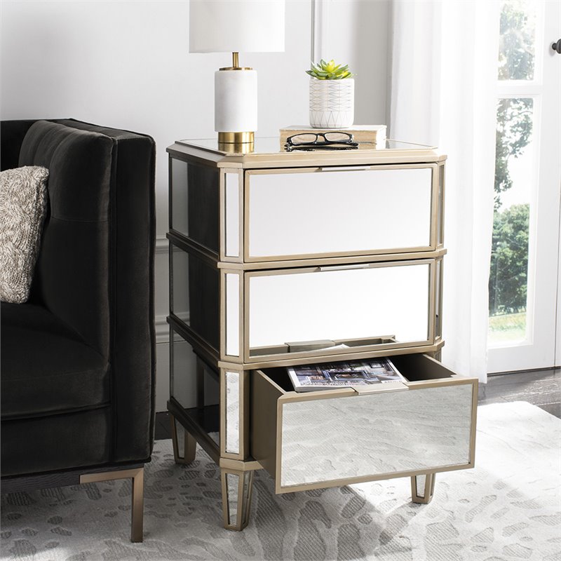 Safavieh Giana 3 Drawer Mirrored Nightstand in Gold