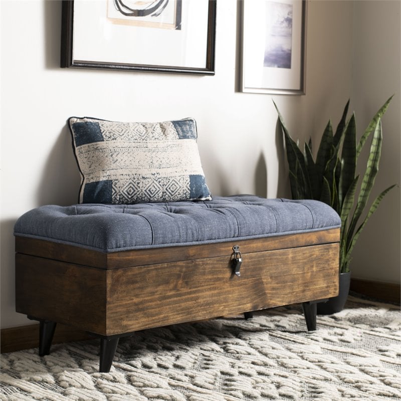 Safavieh Tufted Ottoman Bench in Navy and Dark Oak