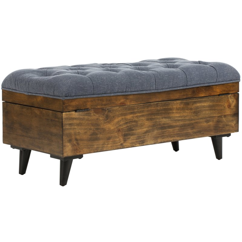 Safavieh Tufted Ottoman Bench in Navy and Dark Oak