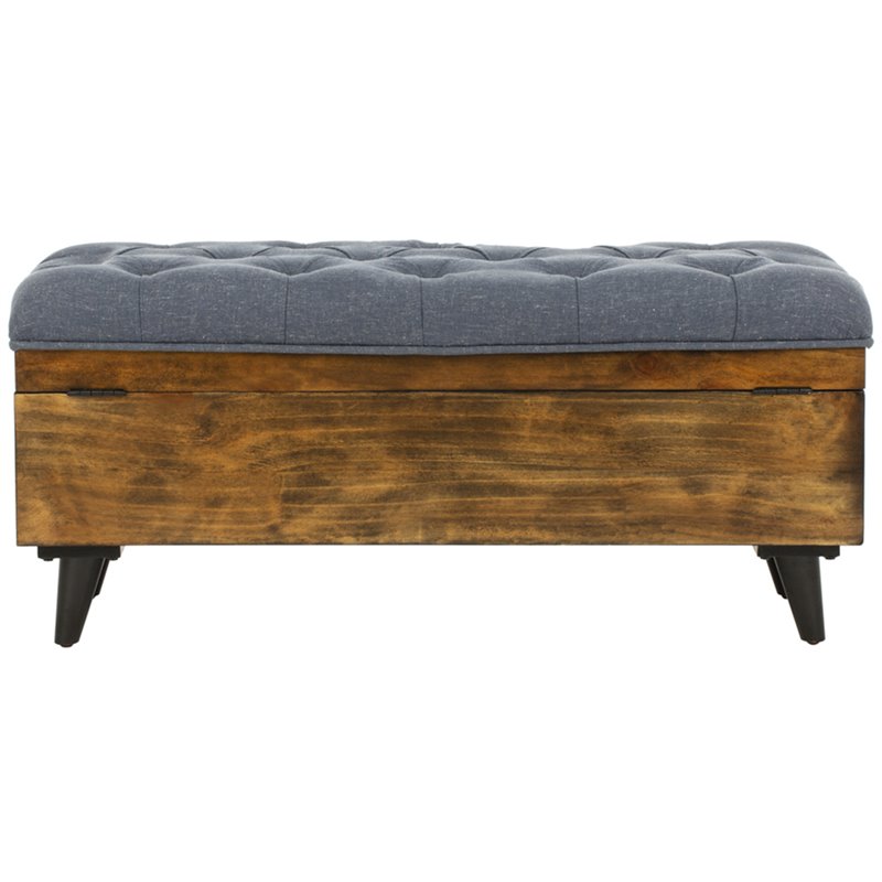 Safavieh Tufted Ottoman Bench in Navy and Dark Oak