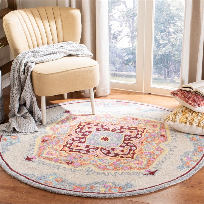 Safavieh Micro-Loop 5' Round Hand Tufted Wool Rug in Beige and Orange