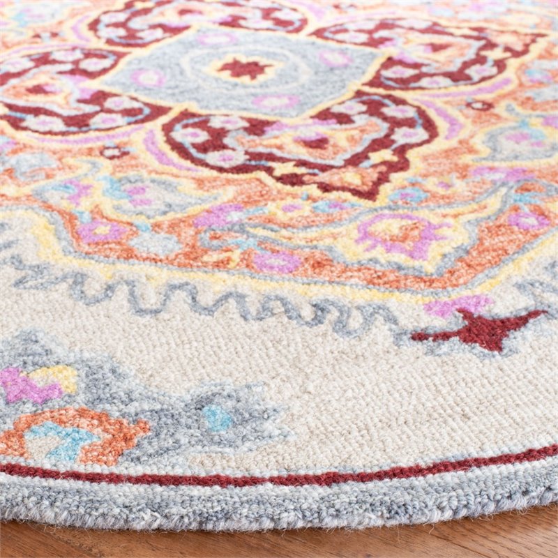 Safavieh Micro-Loop 5' Round Hand Tufted Wool Rug in Beige and Orange