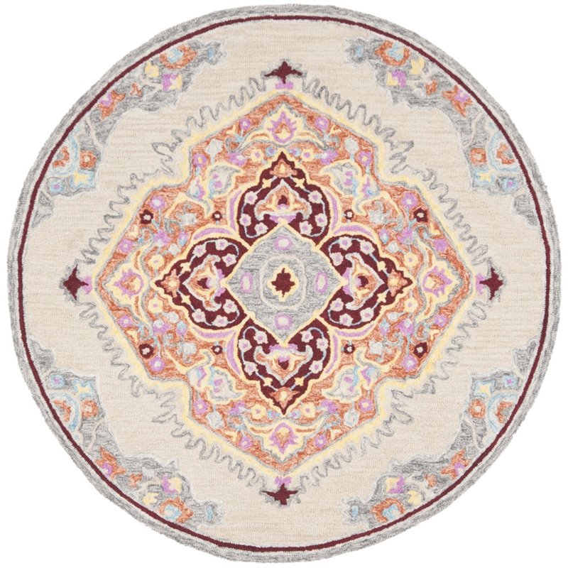 Safavieh Micro-Loop 5' Round Hand Tufted Wool Rug in Beige and Orange