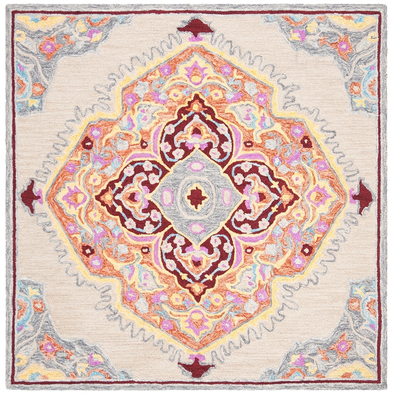 Safavieh Micro-Loop 5' Square Hand Tufted Wool Rug in Beige and Orange