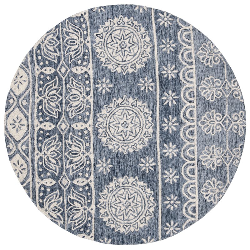 Safavieh Micro-Loop 5' Round Hand Tufted Wool Rug in Blue and Ivory