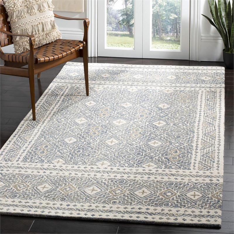 Safavieh Micro-Loop 4' x 6' Hand Tufted Wool Rug in Blue and Ivory