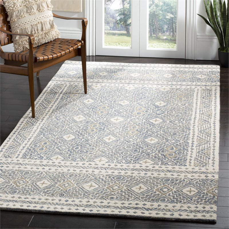 Safavieh Micro-Loop 8' x 10' Hand Tufted Wool Rug in Blue and Ivory