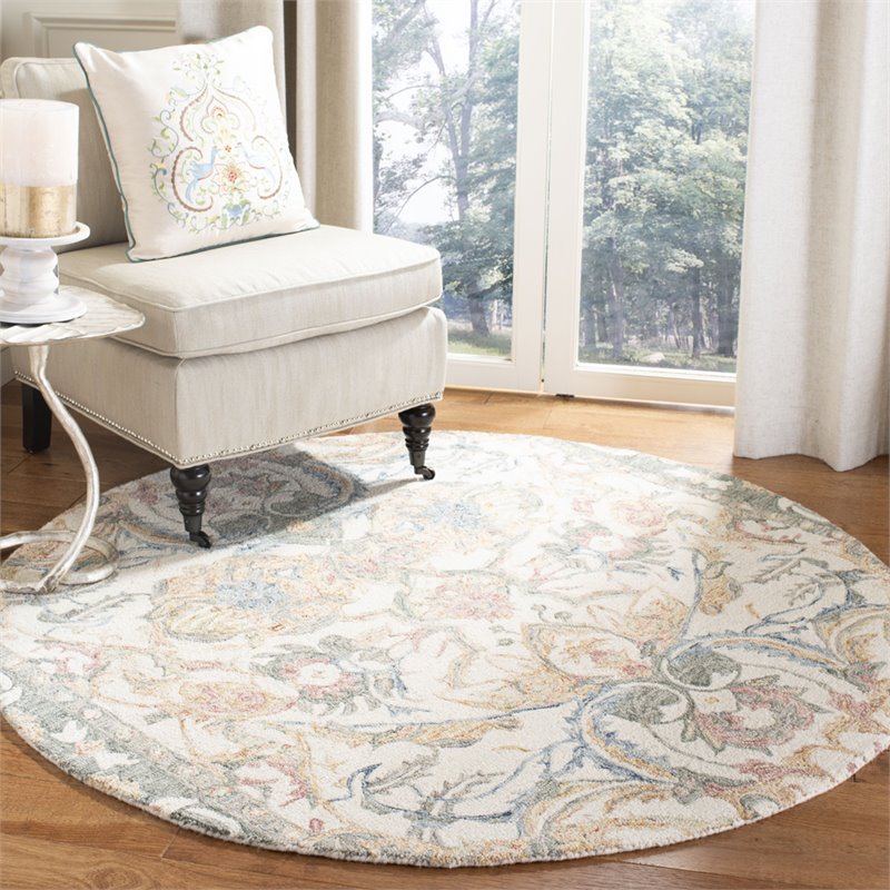 Safavieh Micro-Loop 5' Round Hand Tufted Wool Rug in Ivory and Blue