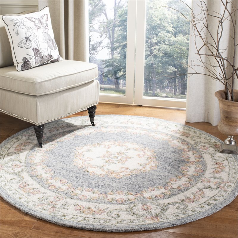 Safavieh Micro-Loop 5' Round Hand Tufted Wool Rug in Gray and Ivory