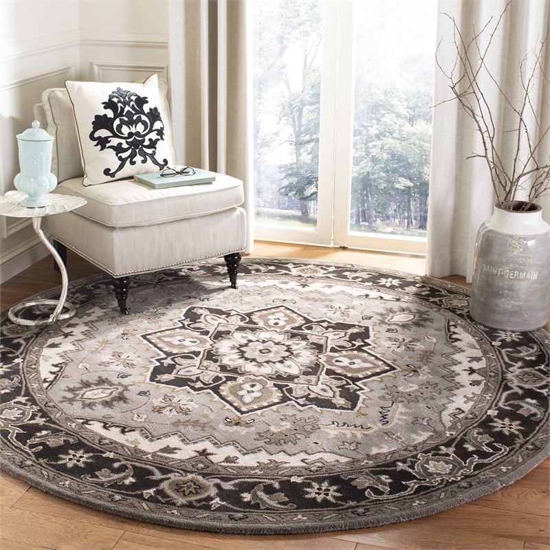Safavieh Royalty 7' Round Hand Tufted Wool Rug in Silver and Charcoal