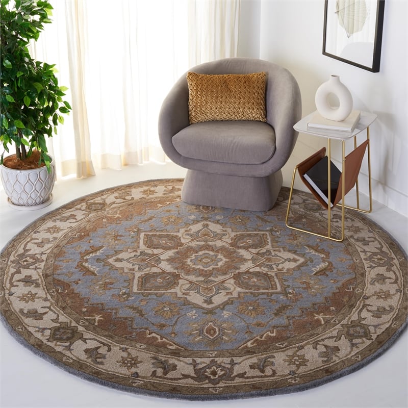 Safavieh Royalty 7' Round Hand Tufted Wool Rug in Light Blue and Beige