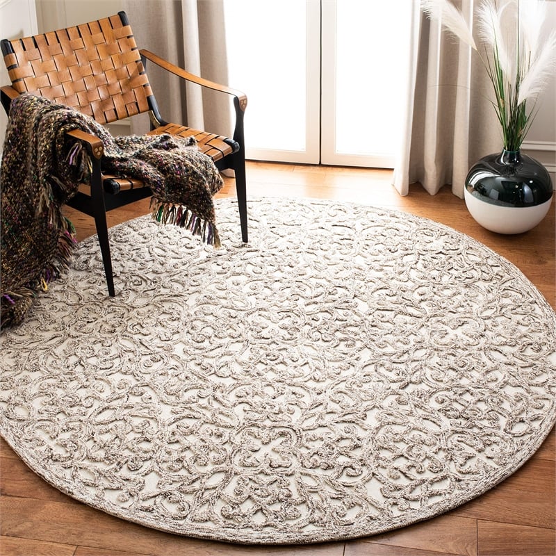 Safavieh Trace 6' Round Hand Tufted Wool Rug in Brown and Ivory