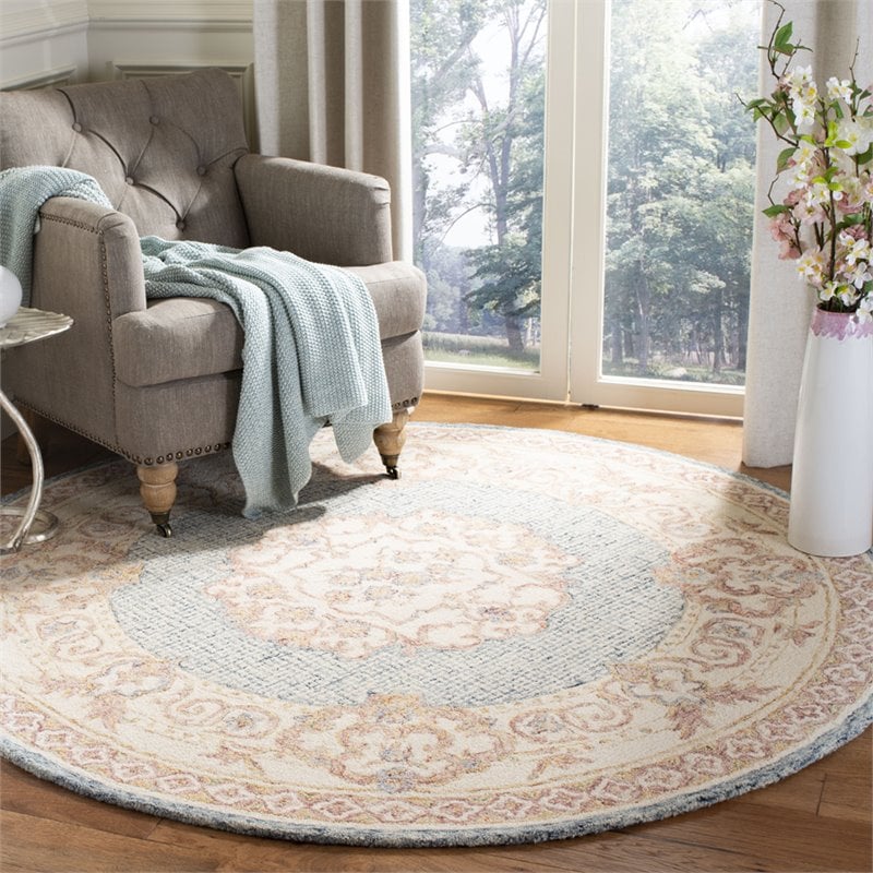 Safavieh Aubusson 6' Round Hand Tufted Wool Rug in Blue and Ivory