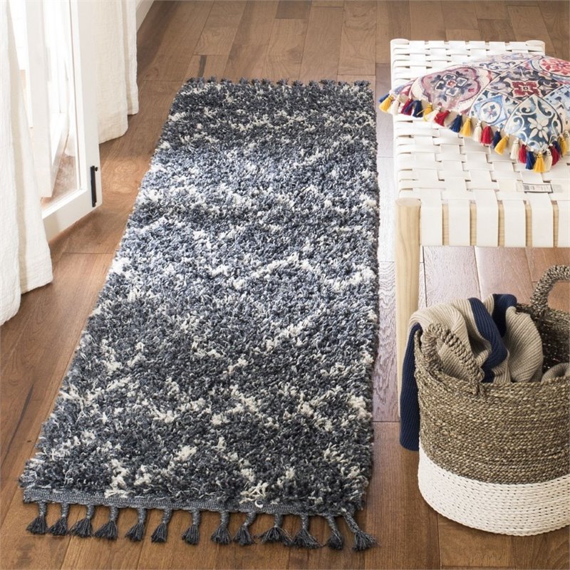 Safavieh Pro Lux 2' x 8' Shag Runner Rug in Cream and Blue