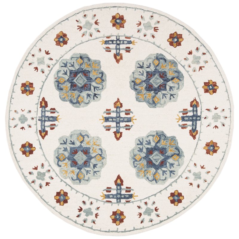 Safavieh Blossom 6' Round Hand Tufted Wool Rug in Blue and Ivory