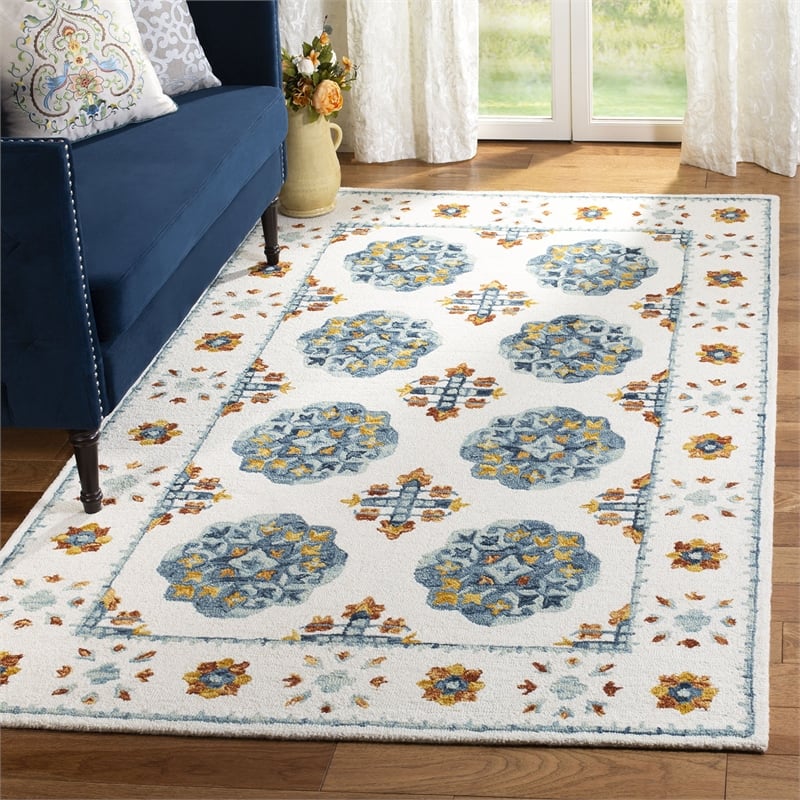 Safavieh Blossom 8' x 10' Hand Tufted Wool Rug in Blue and Ivory